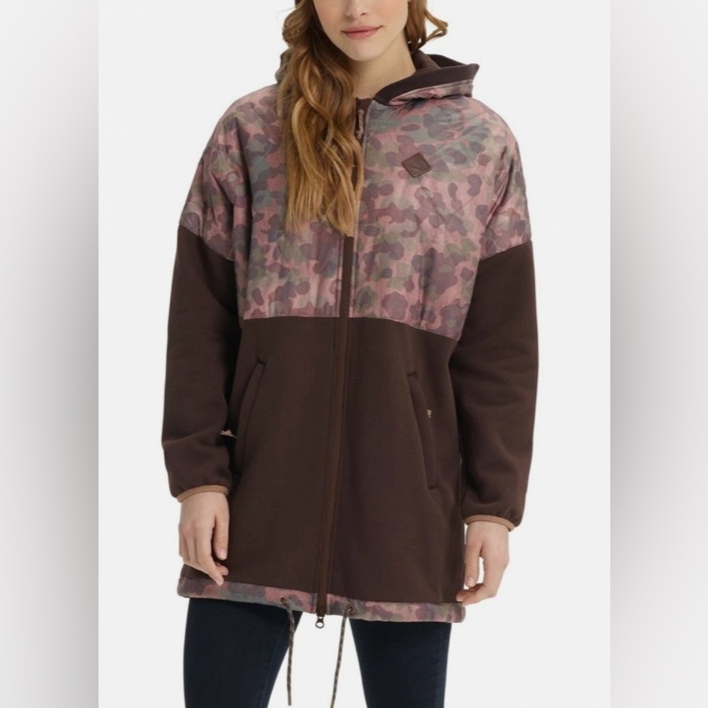 Women's Brown Camouflage Hooded Jacket Full zip Burton Moonbase Size XL